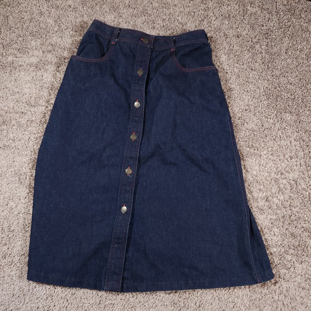 Halston III Denim Skirt Womens Size 12 Dark Blue A-Line Red Stitching Pockets